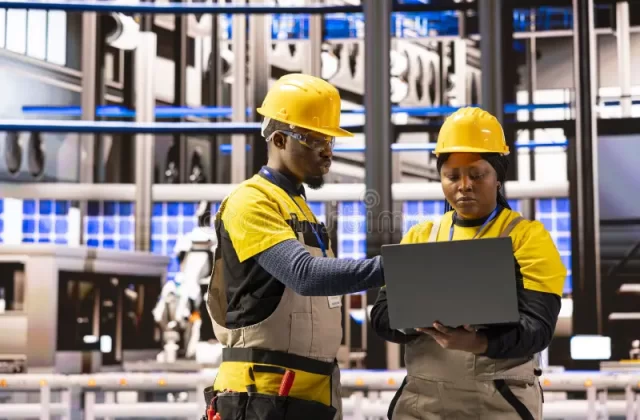 professional-engineers-optimizing-automation-system-production-analyzing-factory-robotic-arm-performance-seamless-enhanced-405350543